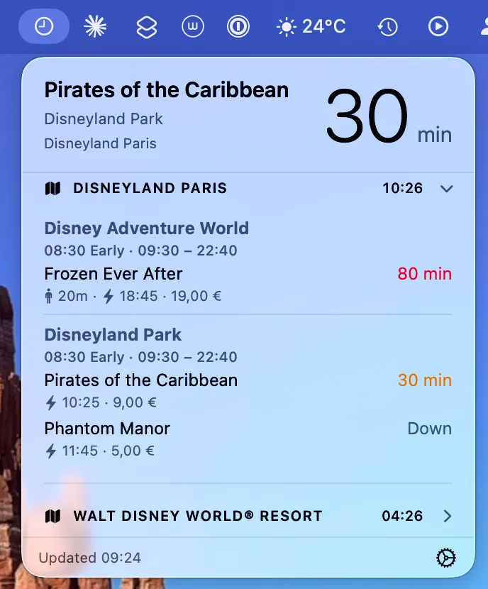 Screenshot of the ParkTimes UI for a Walt Disney World Ride with expected wait time graph.