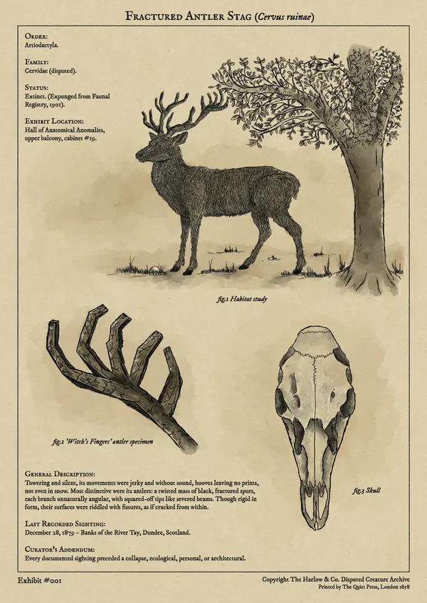 1800s style illustration of a fictional stag, with antler and skull detail