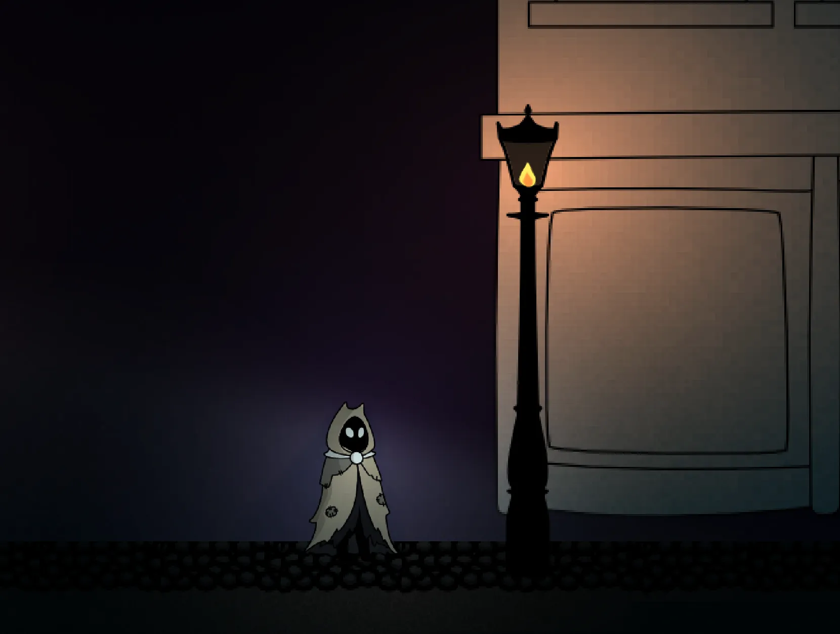 A work in progress screenshot of my game, showing a Cat character in a cloak.
