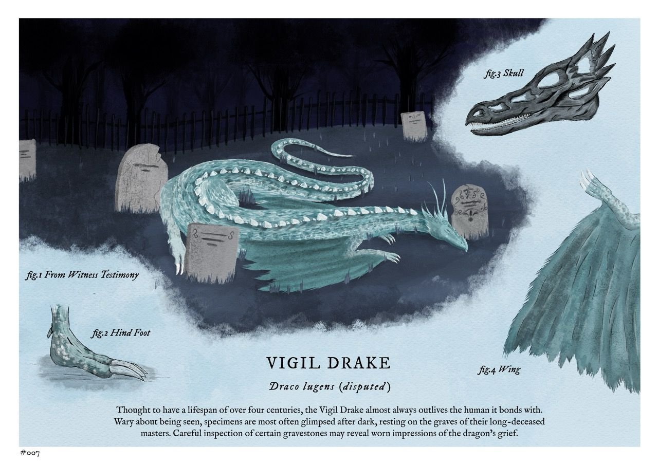Illustration of an ancient dragon in a graveyard