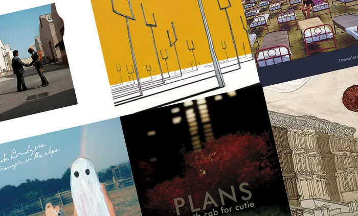 Album covers arranged in a grid, from left to right Pink Floyd - Wish You Were Here, Muse - Origin Of Symmetry, Pink Floyd - A Momentary Lapse Of Reason, Phoebe Bridgers - A Stranger In The Alps, Death Cab For Cutie - Plans & Bright Eyes - I'm Wide Awake It's Morning